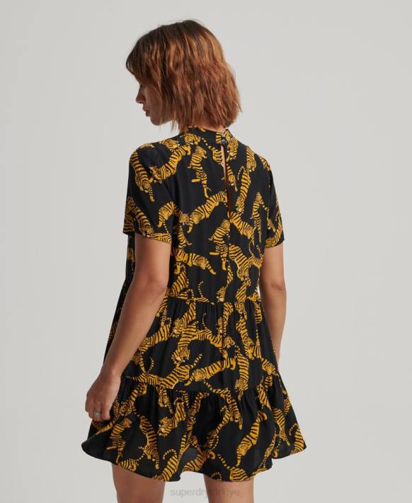 kadınlar Superdry siyah katlı kısa kollu mini elbise NNTB2531
