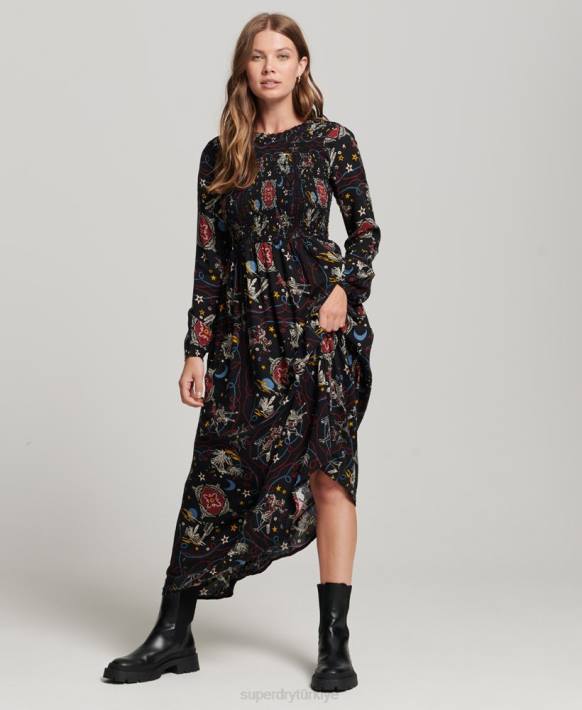 kadınlar Superdry siyah uzun büzgülü elbise NNTB6718
