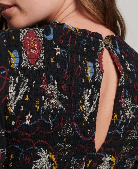 kadınlar Superdry siyah uzun büzgülü elbise NNTB6718