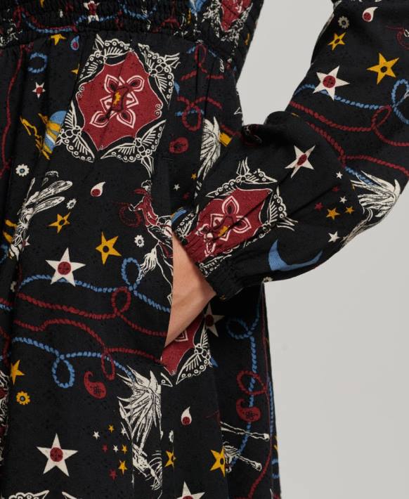 kadınlar Superdry siyah uzun büzgülü elbise NNTB6718