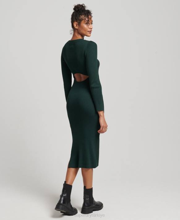 kadınlar Superdry yeşil sırtı açık örgü midi elbise NNTB6684