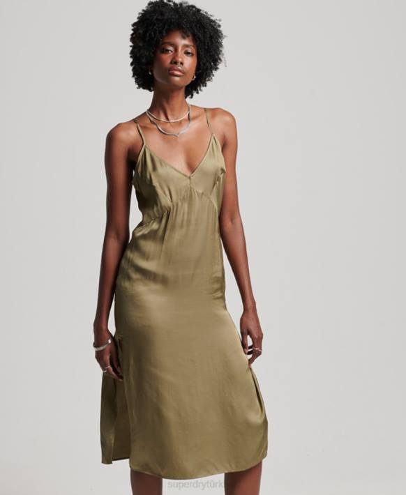 kadınlar Superdry yeşil saten cami midi elbise NNTB2394