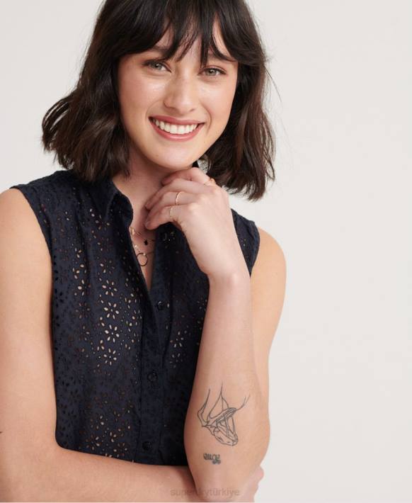kadınlar Superdry Donanma ince broderie gömlek NNTB3074