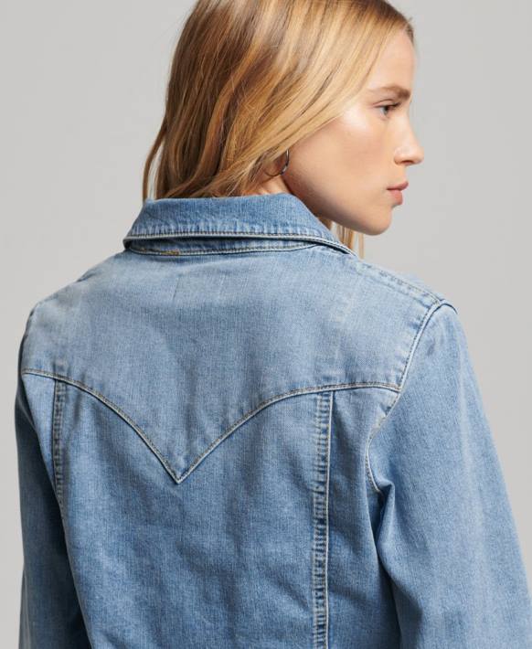 kadınlar Superdry açık mavi organik pamuklu denim western gömlek NNTB2950