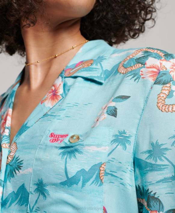 kadınlar Superdry açık mavi plaj tesisi gömlek NNTB2874