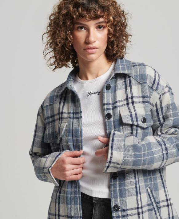 kadınlar Superdry mavi borg flanel kareli ince ceket NNTB2898