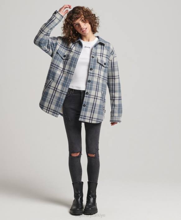 kadınlar Superdry mavi borg flanel kareli ince ceket NNTB2898