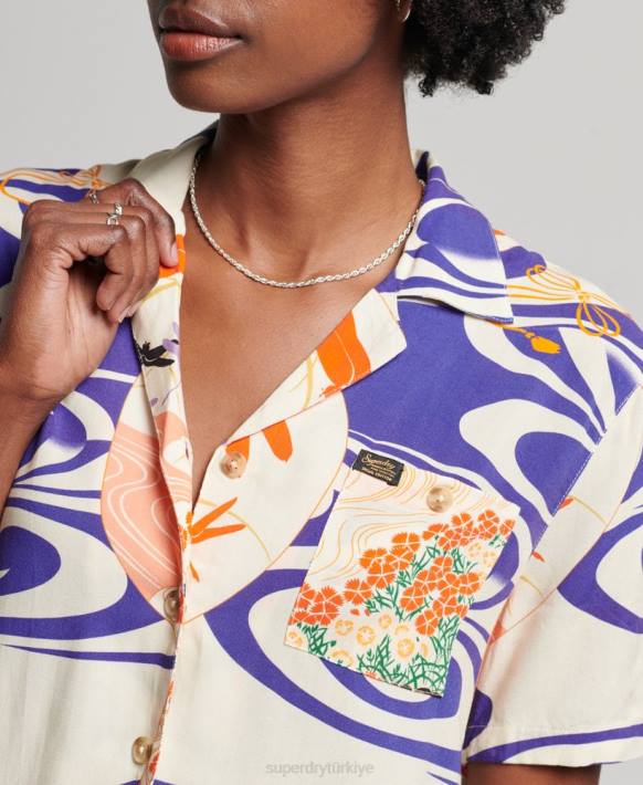 kadınlar Superdry mavi plaj tesisi gömlek NNTB2904