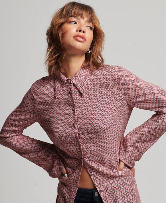 kadınlar Superdry pembe 70'ler desenli uzun kollu gömlek NNTB6593