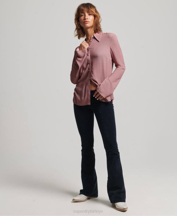 kadınlar Superdry pembe 70'ler desenli uzun kollu gömlek NNTB6593