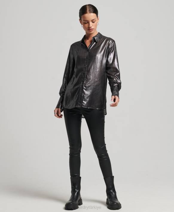 kadınlar Superdry siyah ışıltılı simli gömlek NNTB3026