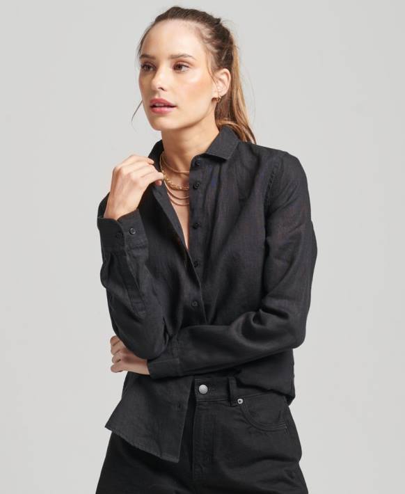 kadınlar Superdry siyah stüdyo keten uzun kollu gömlek NNTB6609