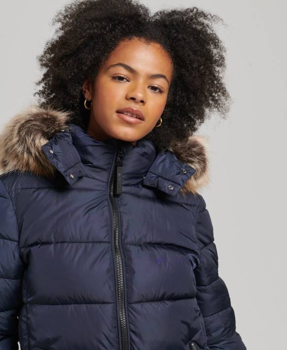 kadınlar Superdry Donanma dağ kapüşonlu fuji uzun çizgili kaban NNTB5651