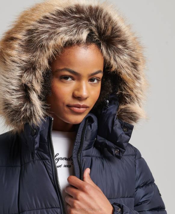 kadınlar Superdry Donanma dağ kapüşonlu fuji uzun çizgili kaban NNTB5651