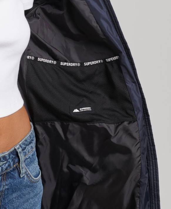 kadınlar Superdry Donanma dağ kapüşonlu fuji uzun çizgili kaban NNTB5651