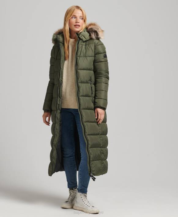 kadınlar Superdry haki dağ kapüşonlu fuji uzun çizgili kaban NNTB5671