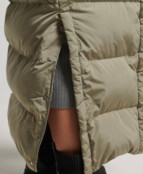 kadınlar Superdry haki kapüşonlu maksi şişme mont NNTB3693