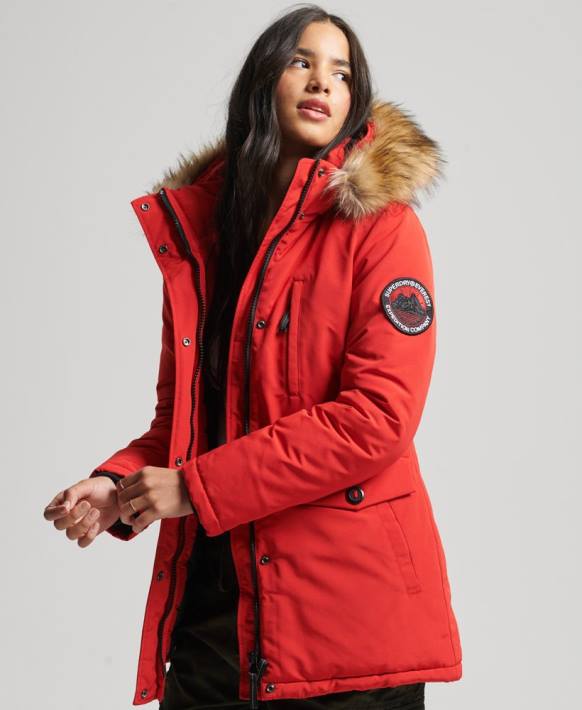 kadınlar Superdry kırmızı kapüşonlu everest suni kürk parka kaban NNTB3772