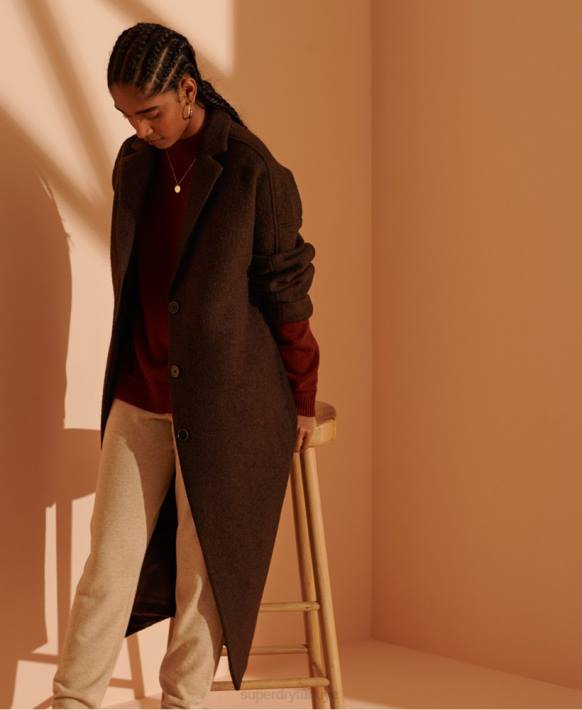 kadınlar Superdry kahverengi sınırlı sayıda uzun çizgili yün kaban NNTB5715