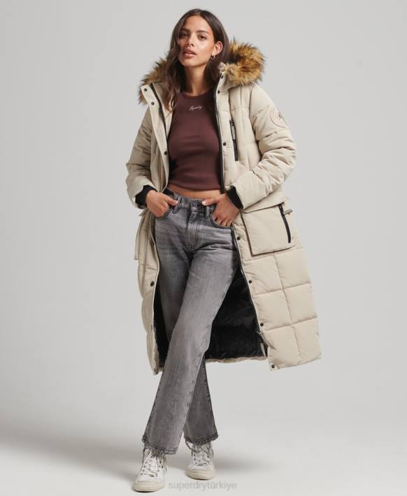 kadınlar Superdry krem uzun çizgili suni kürk everest kaban NNTB3601