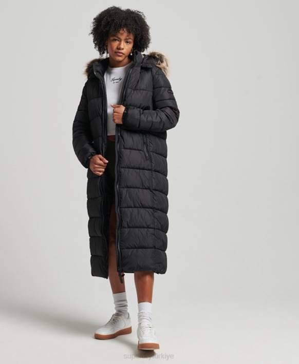 kadınlar Superdry siyah dağ kapüşonlu fuji uzun çizgili kaban NNTB5509