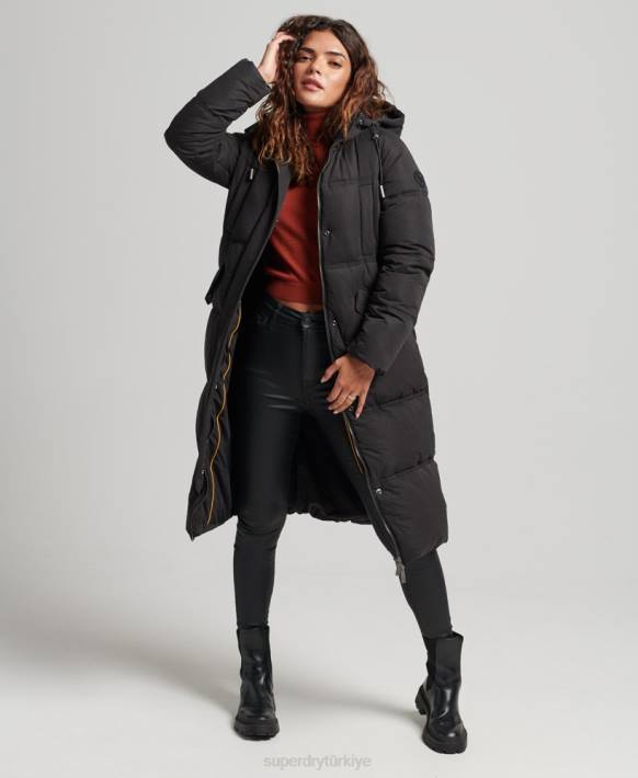 kadınlar Superdry siyah mikrofiber kapüşonlu kirpi mont NNTB3823