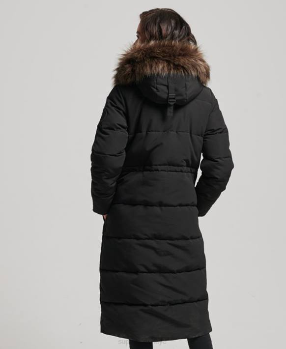 kadınlar Superdry siyah uzun çizgili suni kürk everest kaban NNTB3623