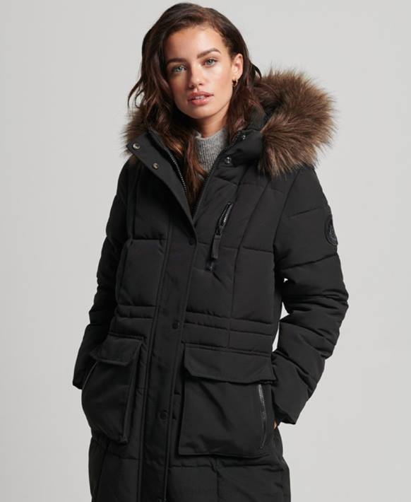 kadınlar Superdry siyah uzun çizgili suni kürk everest kaban NNTB3623
