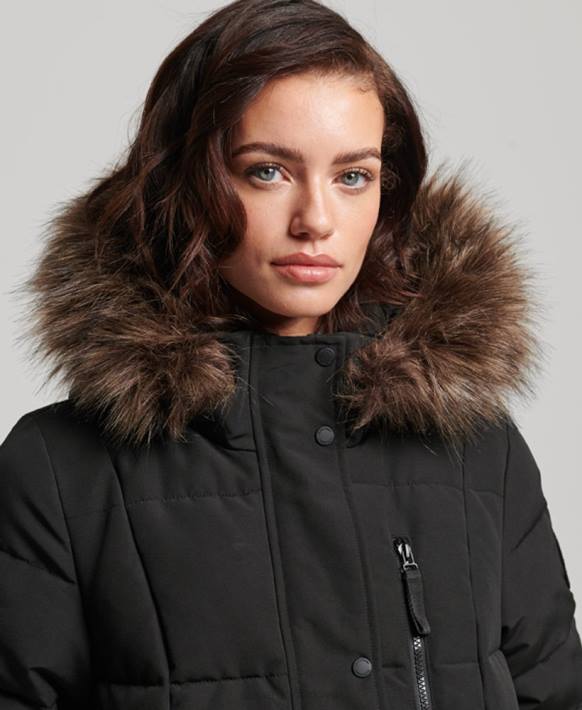kadınlar Superdry siyah uzun çizgili suni kürk everest kaban NNTB3623