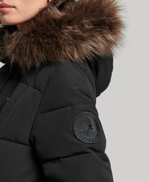 kadınlar Superdry siyah uzun çizgili suni kürk everest kaban NNTB3623
