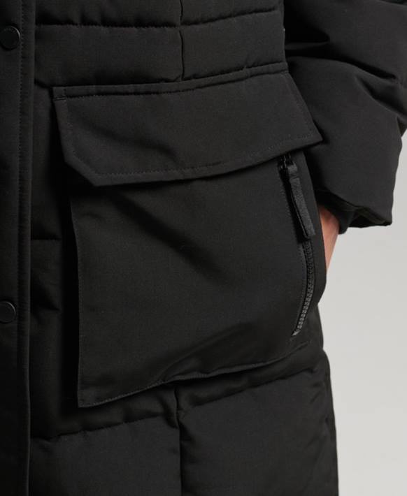 kadınlar Superdry siyah uzun çizgili suni kürk everest kaban NNTB3623