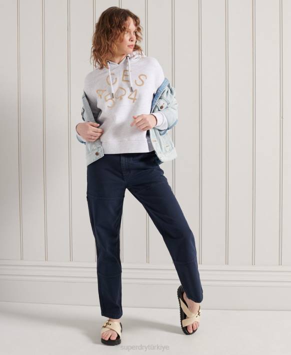 kadınlar Superdry açık gri askeri logolu kırpma kapşonlu NNTB3495