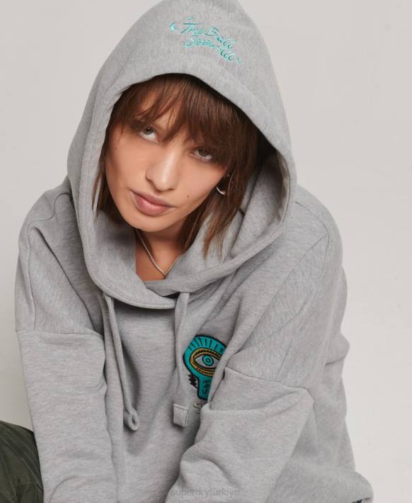 kadınlar Superdry gri nostalji yama hoodie NNTB5986
