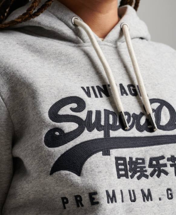 kadınlar Superdry gri vintage logo yazılı kolej kapşonlu NNTB2317