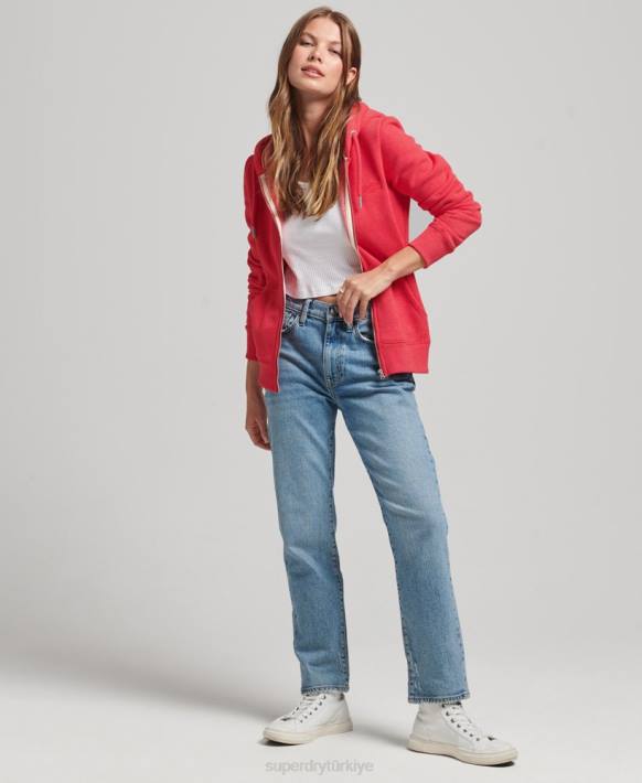 kadınlar Superdry kırmızı organik pamuklu temel logolu fermuarlı kapşonlu NNTB5938
