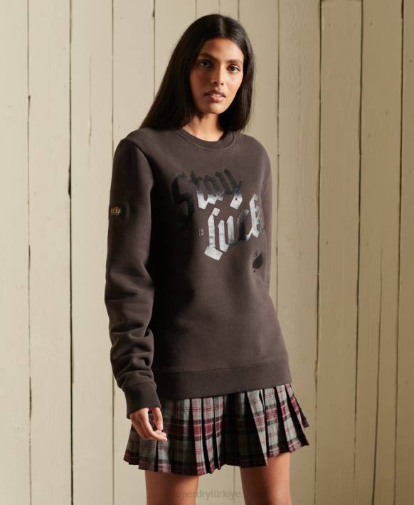 kadınlar Superdry kahverengi büyük beden boho ve rock ekibi sweatshirt NNTB6050