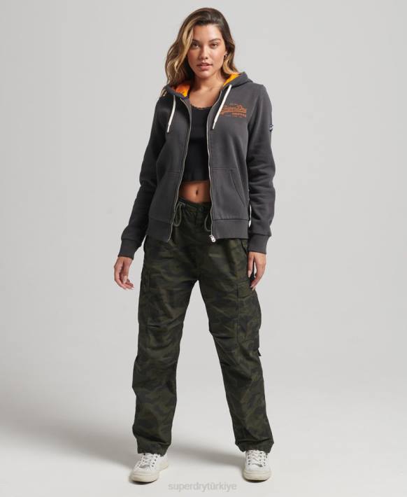 kadınlar Superdry koyu gri İçi tamamen baskılı fermuarlı kapüşonlu svetşört NNTB6027