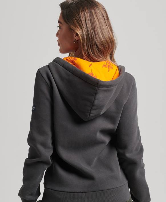 kadınlar Superdry koyu gri İçi tamamen baskılı fermuarlı kapüşonlu svetşört NNTB6027