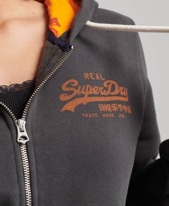 kadınlar Superdry koyu gri İçi tamamen baskılı fermuarlı kapüşonlu svetşört NNTB6027
