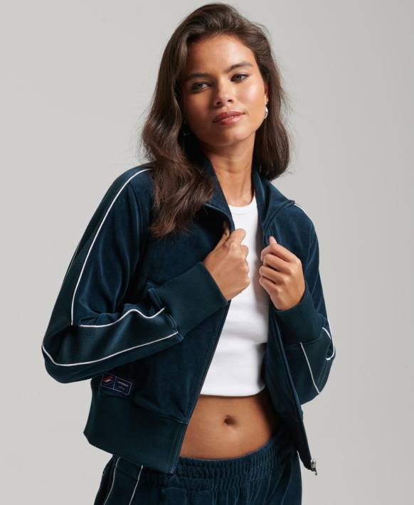 kadınlar Superdry koyu mavi code s logosu kadife eşofman üstü NNTB6106