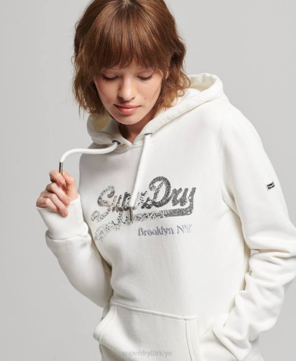 kadınlar Superdry krem grafik logo ışıltılı kapşonlu NNTB5945