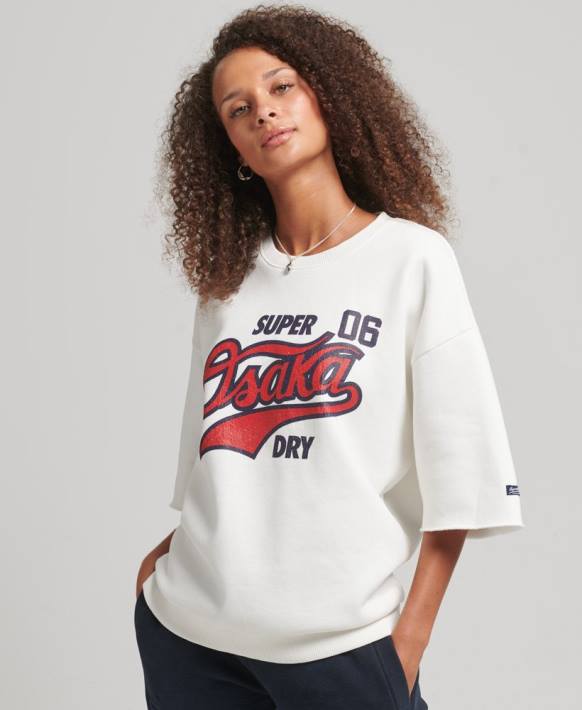 kadınlar Superdry krem kolej kısa kollu mürettebat sweatshirt NNTB3477