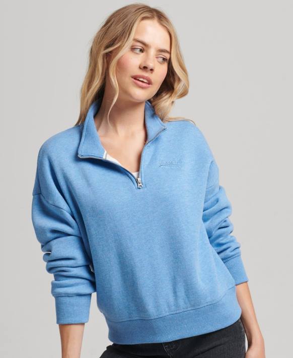 kadınlar Superdry mavi organik pamuklu eski logo henley sweatshirt NNTB6011