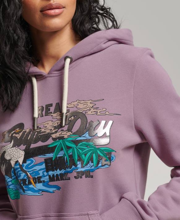kadınlar Superdry mor japon vintage logo grafik kapşonlu NNTB3403