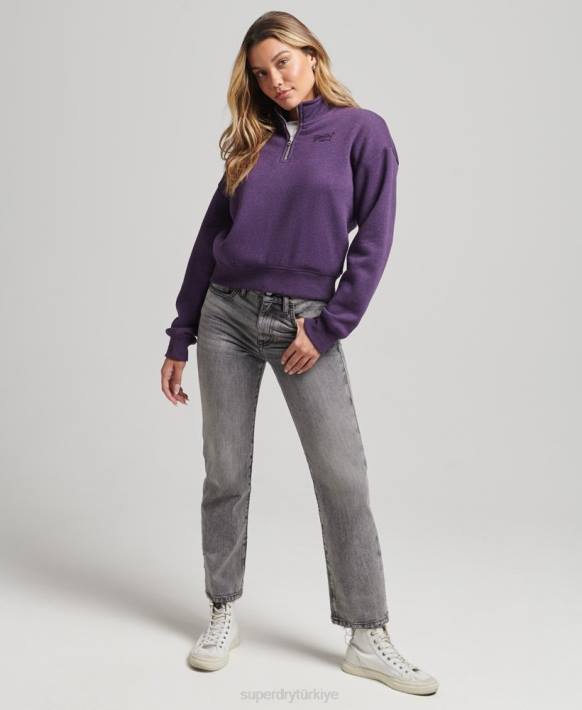 kadınlar Superdry mor organik pamuklu eski logo henley sweatshirt NNTB5999