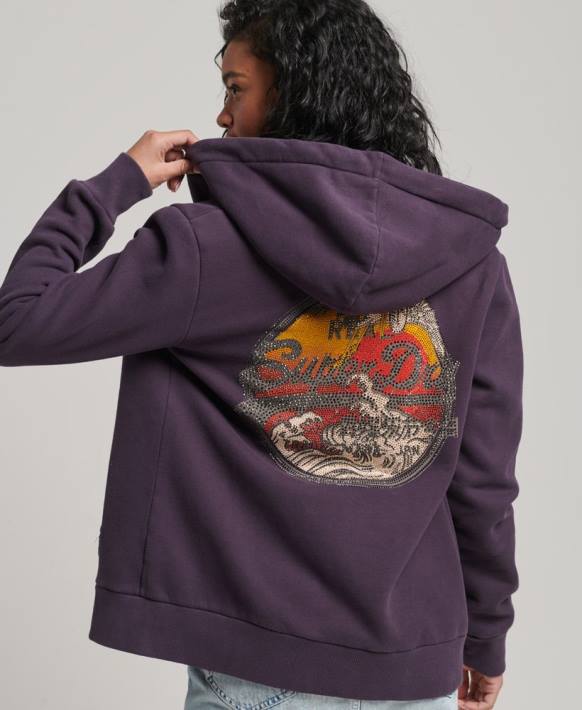 kadınlar Superdry mor vintage logo işlemeli fermuarlı kapüşonlu svetşört NNTB3305