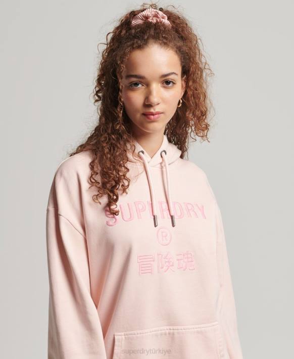 kadınlar Superdry pembe kod logosu giysi boyası büyük boy kapşonlu NNTB5775