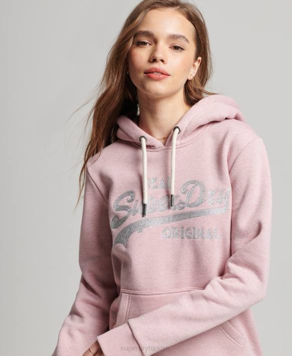 kadınlar Superdry pembe vintage logo yazılı kolej kapşonlu NNTB2276