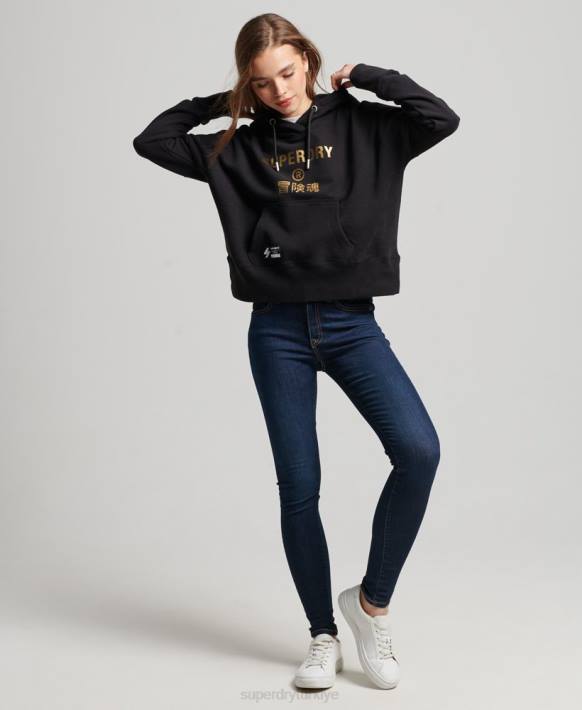 kadınlar Superdry siyah bağımsız logo folyo kısa kapşonlu NNTB5871