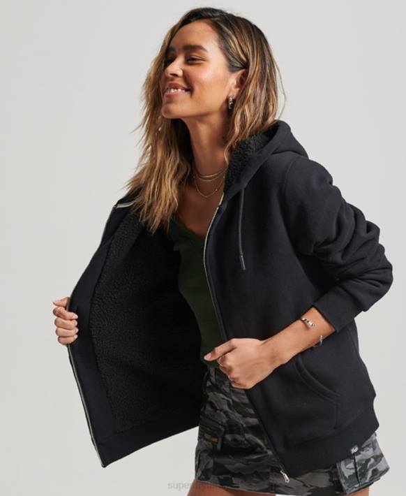 kadınlar Superdry siyah essential borg astarlı fermuarlı kapşonlu NNTB5741